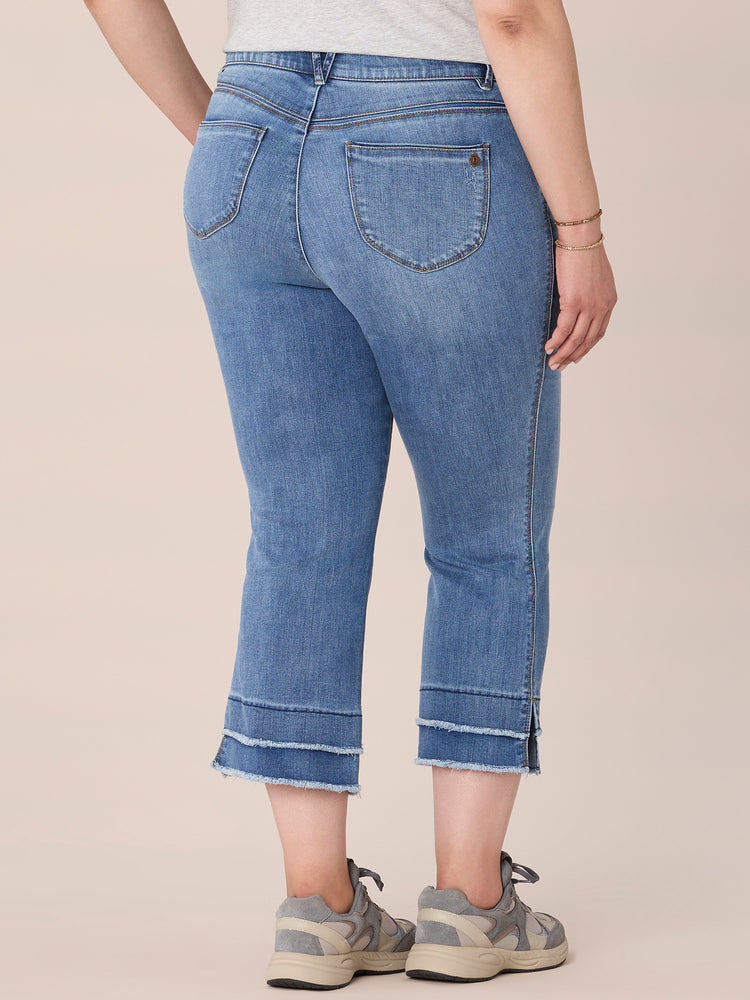 Mid Blue Denim Absolution Mid Rise Repreve Split Double Layer Fray Kick Flare Hem Plus Size Jeans