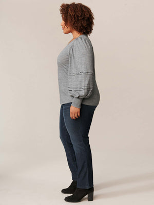 Heather Charcoal Long Blouson Sleeve Sweetheart Neck Knit Plus Size Top