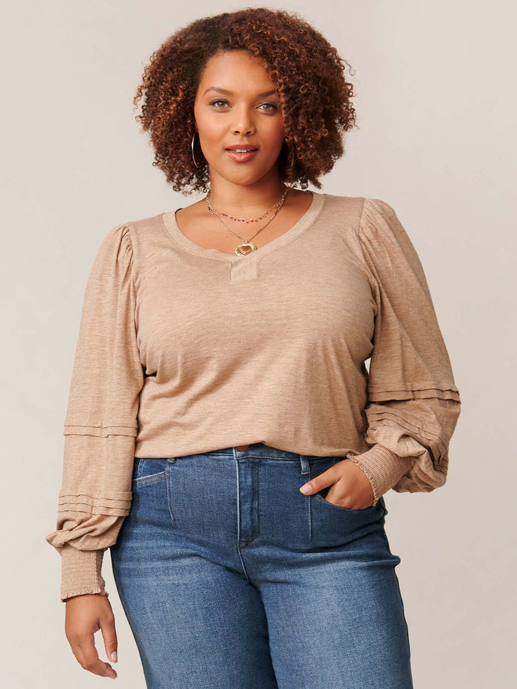 
            
                Load image into Gallery viewer, Heather Peanut Butter Long Blouson Sleeve Sweetheart Neck Knit Plus Size Top
            
        