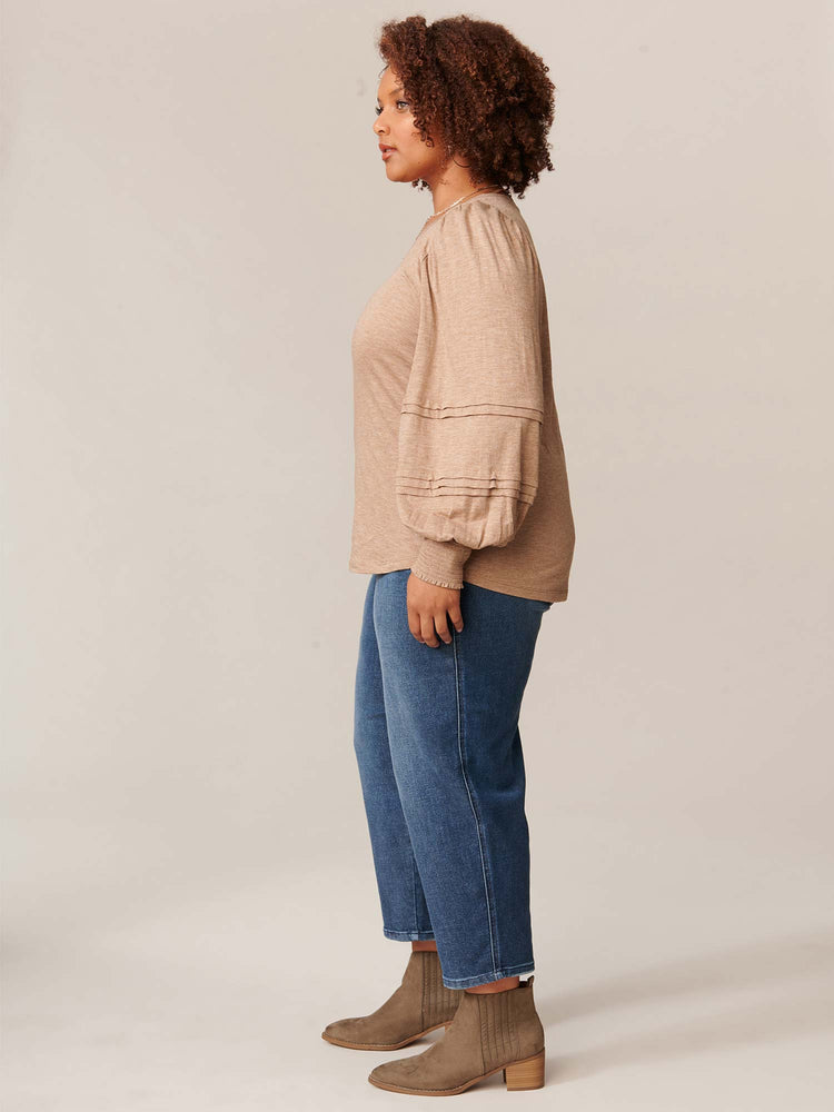 
            
                Load image into Gallery viewer, Heather Peanut Butter Long Blouson Sleeve Sweetheart Neck Knit Plus Size Top
            
        