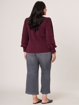 Heather Wineberry Long Blouson Sleeve Sweetheart Neck Knit Plus Size Top