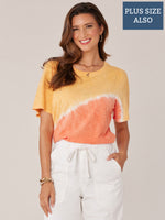 Neon Orange Nectarine Short Bell Puff Shoulder Sleeve Scoop Neck Placement Tie Dye Print Knit Plus Size Tee Top