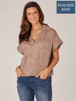 Mocha Multi Extended Cuff Short Sleeve Rainbow Embroidered Johnny Collar Overlap Placket Plus Size Woven Top