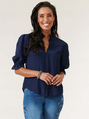
            
                Load image into Gallery viewer, Navy Blue Elbow Sleeve Eyelet Ruffle Neck Button Down Woven Shirt 
            
        
