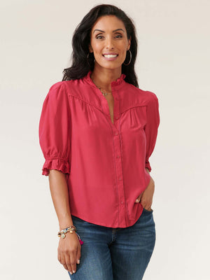 
            
                Load image into Gallery viewer, Persian Red Elbow Sleeve Eyelet Ruffle Neck Button Down Woven Shirt 
            
        