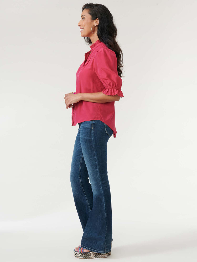 
            
                Load image into Gallery viewer, Persian Red Elbow Sleeve Eyelet Ruffle Neck Button Down Woven Shirt 
            
        