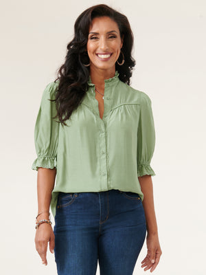 
            
                Load image into Gallery viewer, Willow Green Elbow Sleeve Eyelet Ruffle Neck Button Down Woven Shirt
            
        