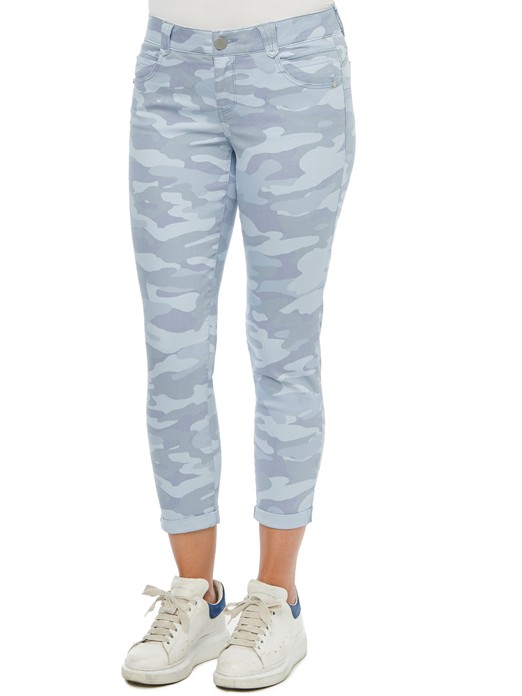 
            
                Load image into Gallery viewer, Absolution blue grey fog stretch camouflage pant camo cropped rolled ankle length colored jeggings
            
        