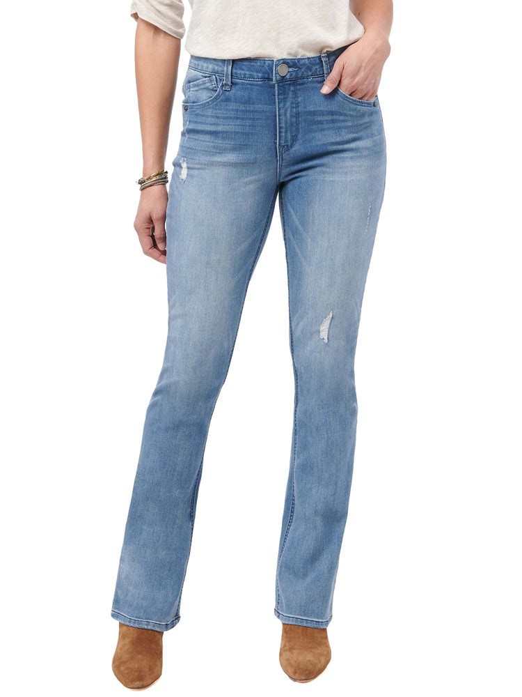 
            
                Load image into Gallery viewer, &amp;quot;Ab&amp;quot;solution Light Blue Denim High Rise Distressed Itty Bitty Boot Jeans
            
        