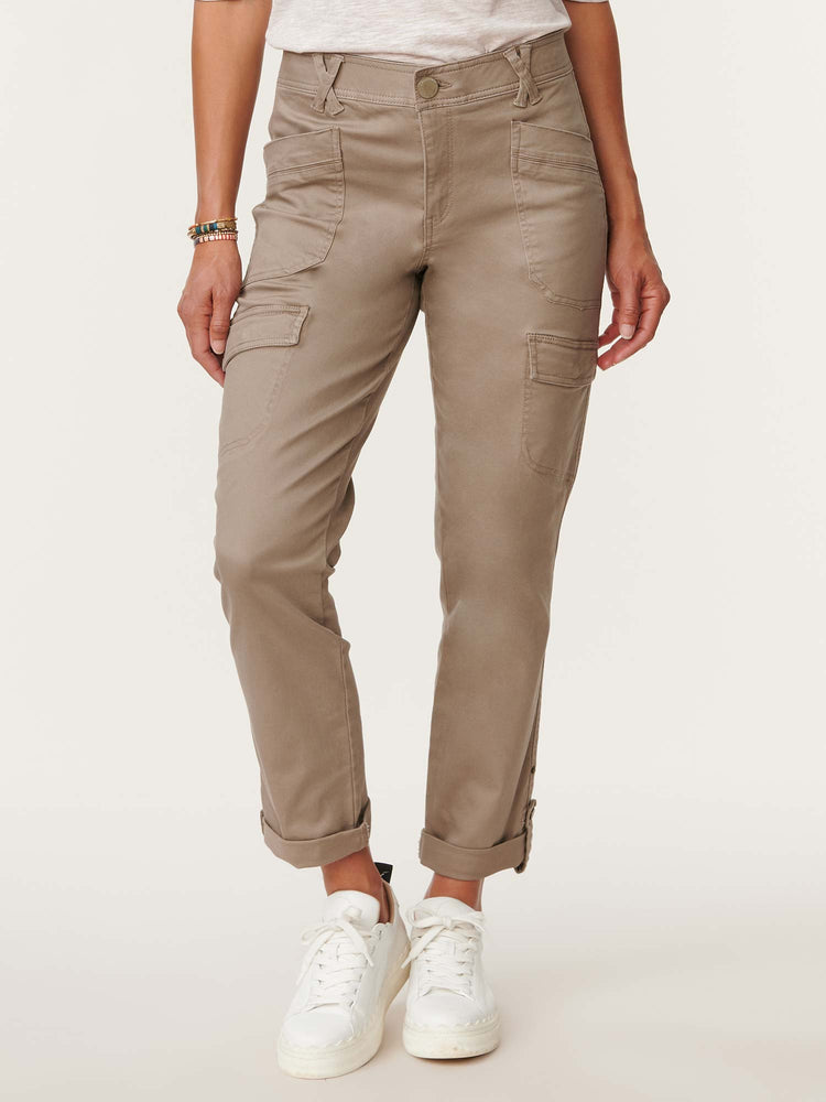 "Ab"solution High Rise Roll Cuff Cargo Pocket Utility Moonrock Taupe Colored Pants