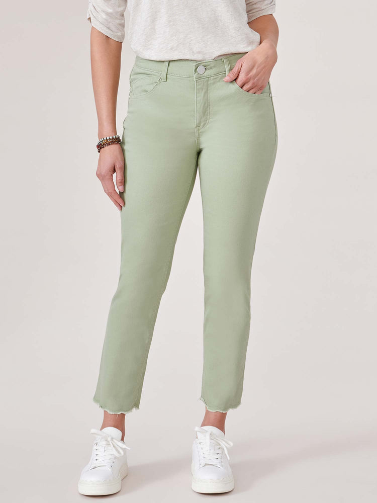 "Ab"solution High Rise Pistachio Green Cropped Scallop Fray Hem Slim Straight Pant