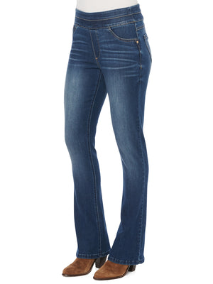 "Ab"solution High Rise Blue Denim Pull On Itty Bitty Boot Glider Jeans