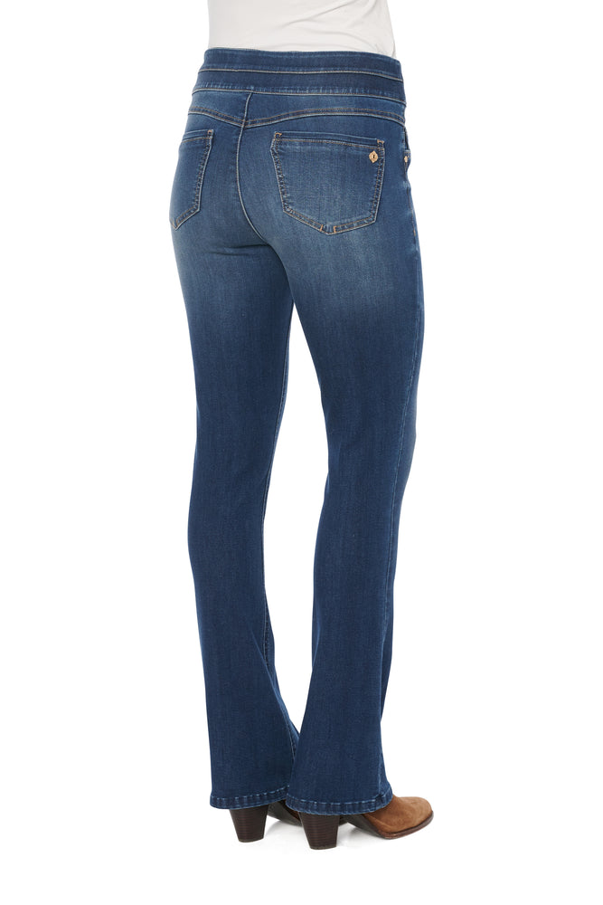 "Ab"solution High Rise Blue Denim Pull On Itty Bitty Boot Glider Jeans