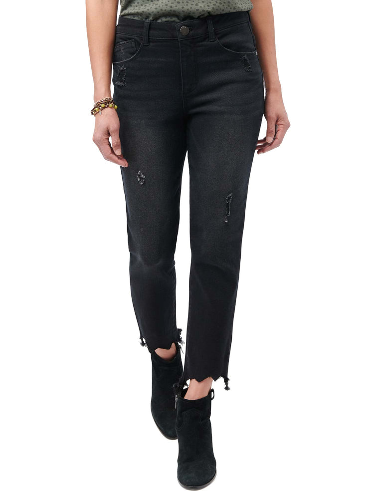 
            
                Load image into Gallery viewer, Black Denim &amp;quot;Ab&amp;quot;solution High Rise Distressed Jagged Step Hem Vintage Skinny Jean
            
        