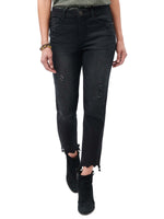 Black Denim "Ab"solution High Rise Distressed Jagged Step Hem Vintage Skinny Jean