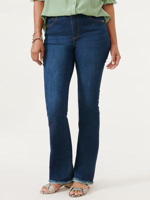 
            
                Load image into Gallery viewer, &amp;quot;Ab&amp;quot;solution Dark Indigo Denim High Rise Itty Bitty Boot Cut Jeans Frayed Hem
            
        