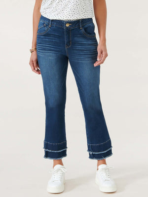 
            
                Load image into Gallery viewer, &amp;quot;Ab&amp;quot;solution Blue Denim Double Layer Fray Hem Kick Flare Jeans
            
        