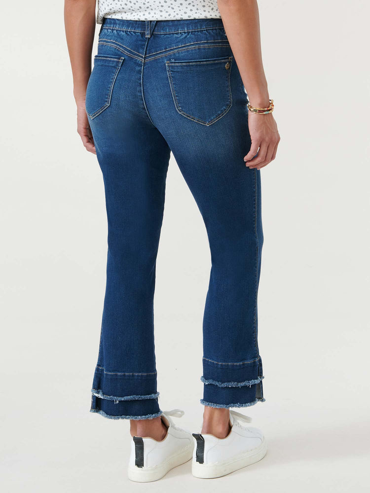 
            
                Load image into Gallery viewer, &amp;quot;Ab&amp;quot;solution Blue Denim Double Layer Fray Hem Kick Flare Jeans
            
        