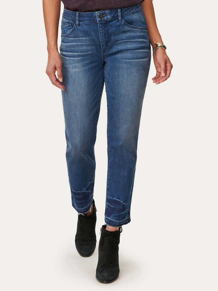 Blue Artisanal Denim "Ab"solution High Rise Raw Released Side Slit Hem Vintage Skinny Jeans 