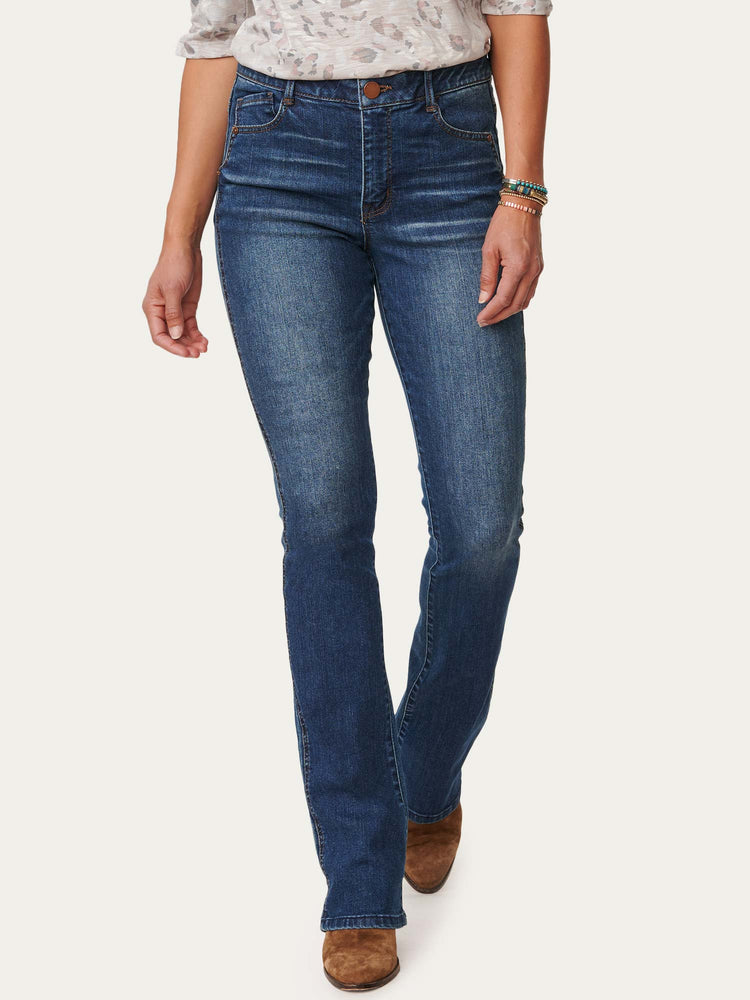 
            
                Load image into Gallery viewer, &amp;quot;Ab&amp;quot;solution Blue Denim Skyrise Itty Bitty Longer Bootcut Jean 
            
        
