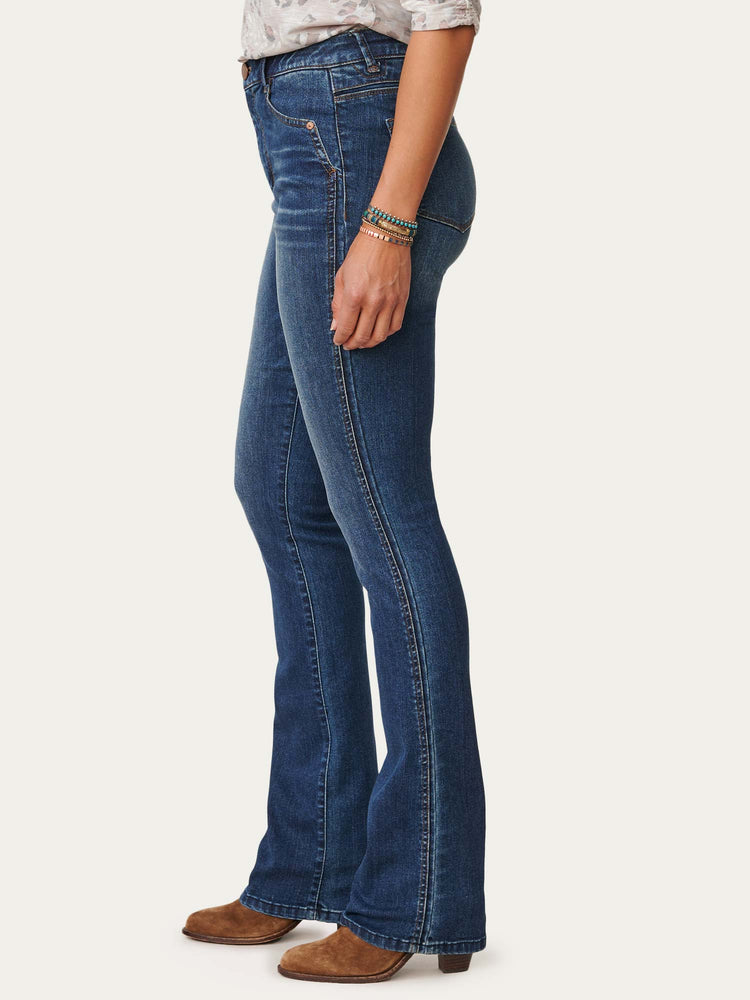 
            
                Load image into Gallery viewer, &amp;quot;Ab&amp;quot;solution Blue Denim Skyrise Itty Bitty Longer Bootcut Jean 
            
        