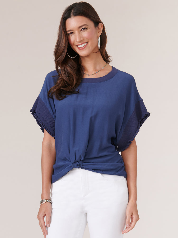 Coastal Blue Extended Short Sleeve Round Neck Knot Front Woven Top