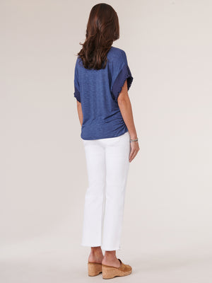 
            
                Load image into Gallery viewer, Coastal Blue Extended Short Sleeve Round Neck Knot Front Woven Top
            
        