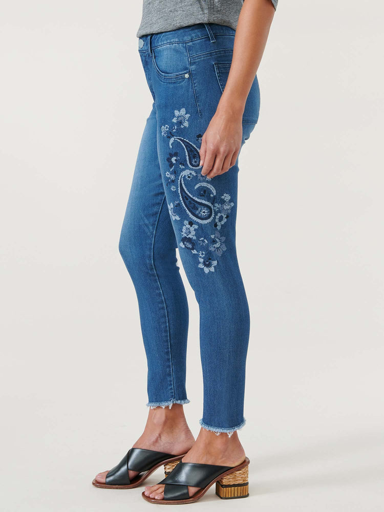 Mid Blue Artisanal Denim "Ab"solution Floral Embroidered Seamless Ankle Skimmer