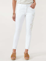 "Ab"solution White Denim High Rise Seamless Floral Embroidered Fray Hem Ankle Skimmers