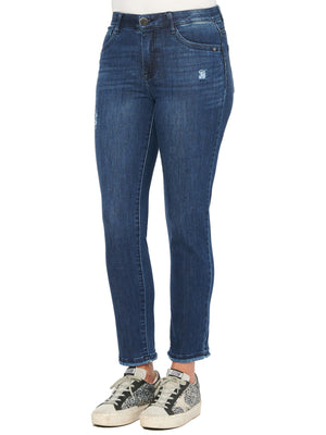 Stretch Indigo Blue Distressed Denim "Ab"solution High Rise Slim Straight Leg Jeans