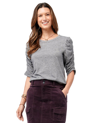 
            
                Load image into Gallery viewer, Ruched Elbow Puff Sleeve Scoop Neck Heather Charcoal Grey Knit Tee Shirt
            
        