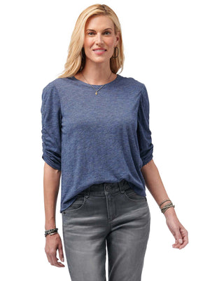 
            
                Load image into Gallery viewer, Ruched Elbow Puff Sleeve Scoop Neck Heather Navy Blue Knit Tee Shirt
            
        