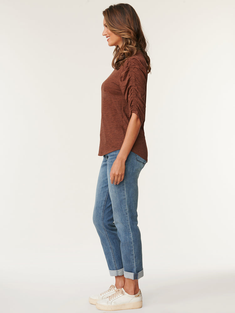 Ruched Elbow Puff Sleeve Scoop Neck Heather Rustic Brown Knit Tee Shirt