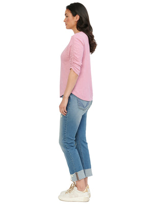 Ruched Elbow Puff Sleeve Scoop Neck Heather Sweet Lilac Light Pink Knit Tee Shirt