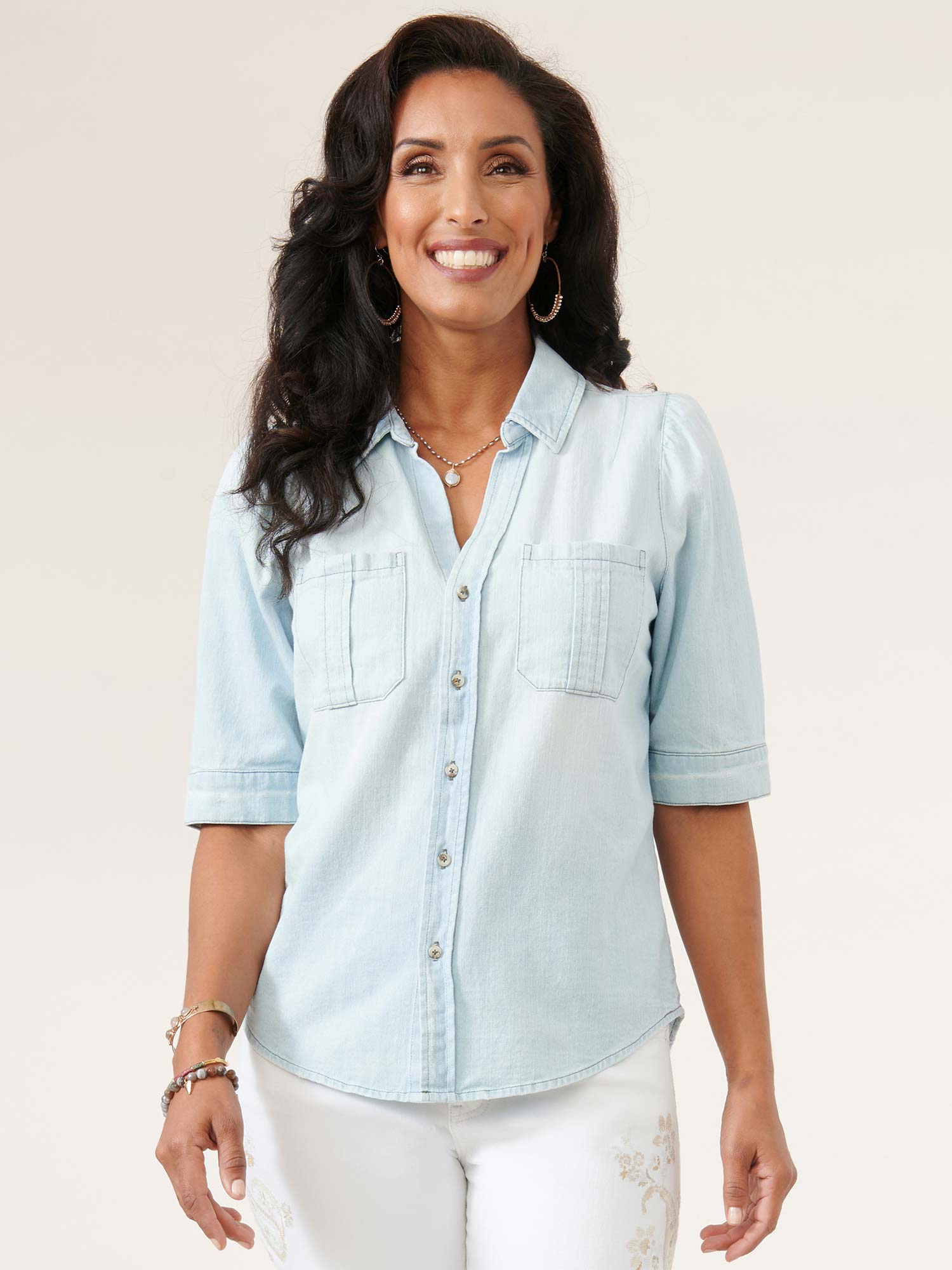 Elbow Puff Sleeve Button Down Washed Light Blue Denim Shirt