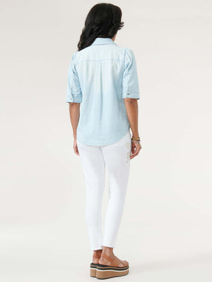 
            
                Load image into Gallery viewer, Elbow Puff Sleeve Button Down Washed Light Blue Denim Shirt
            
        
