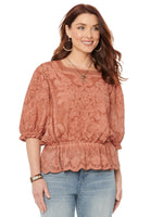 Womens Fashion Bonnet 3/4 Sleeve Square Neck Crochet Peplum Top Arabian Spice Light Rust