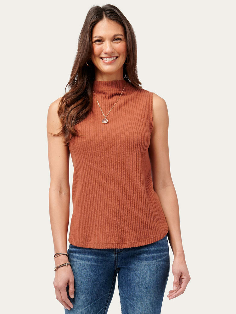 Rustic Brown Sleeveless Mock Neck Striped Knit Top 