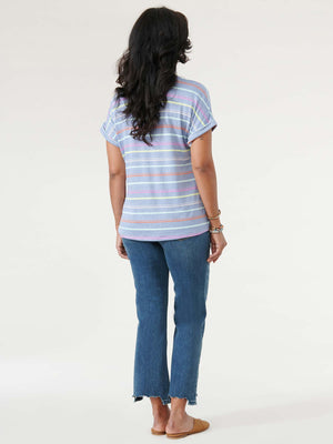 Chambray Blue Multi Roll Cuff Short Sleeve V Neck Striped Knit Top