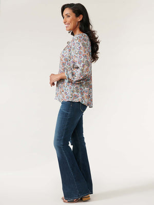 
            
                Load image into Gallery viewer, Aqua Mist Botanical Three Quarter Smocked Sleeve Round Neck Floral Print Woven Top 
            
        