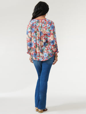 Cherry Blue Three Quarter Smocked Sleeve Round Neck Floral Print Woven Top