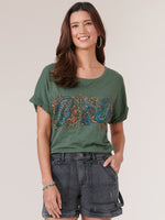 Dark Forest Green Extended Roll Cuff Cap Sleeve Scoop Neck Floral Print Knit Tee