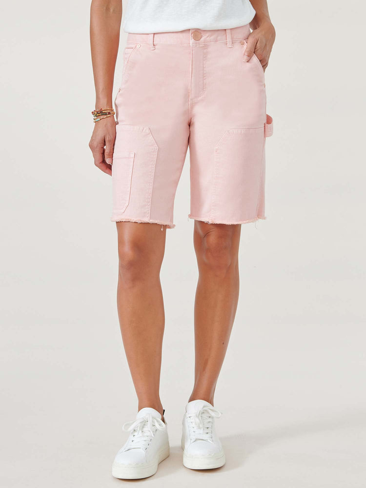 Strawberry Cream Pink "Ab"solution High Rise Patched Raw Hem Bermuda Shorts