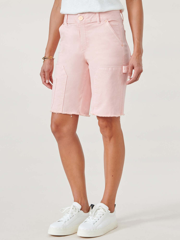 Strawberry Cream Pink "Ab"solution High Rise Patched Raw Hem Bermuda Shorts