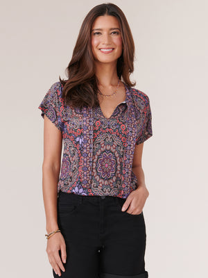 
            
                Load image into Gallery viewer, Purple Medallion Multi Short Sleeve Tie Neck Half Placket Paisley Print Knit Top
            
        