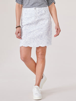 Flint Blue Optic White "Ab"solution Paisley Floral Print Scalloped Fray Hem Skirt