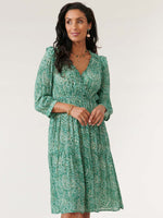 Cypress Green Aqua Mist Three Quarter Sleeve Surplus Neck Floral Print Tiered Woven Dress