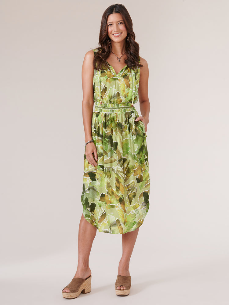 Kiwi Green Olive Multi Sleeveless Ruched Neck Smock Waist Watercolor Woven Dress