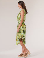 Kiwi Green Olive Multi Sleeveless Ruched Neck Smock Waist Watercolor Woven Dress