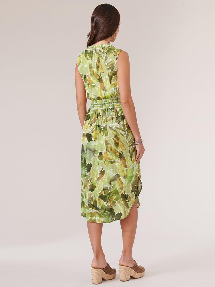 
            
                Load image into Gallery viewer, Kiwi Green Olive Multi Sleeveless Ruched Neck Smock Waist Watercolor Woven Dress
            
        